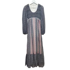 Vintage 70s Candi Jones Smocked Floral Maxi Dress Blue Red White Cottage 9